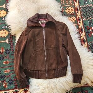 Vintage Brown Genuine Suede Bomber Jacket with Ribbed Collar